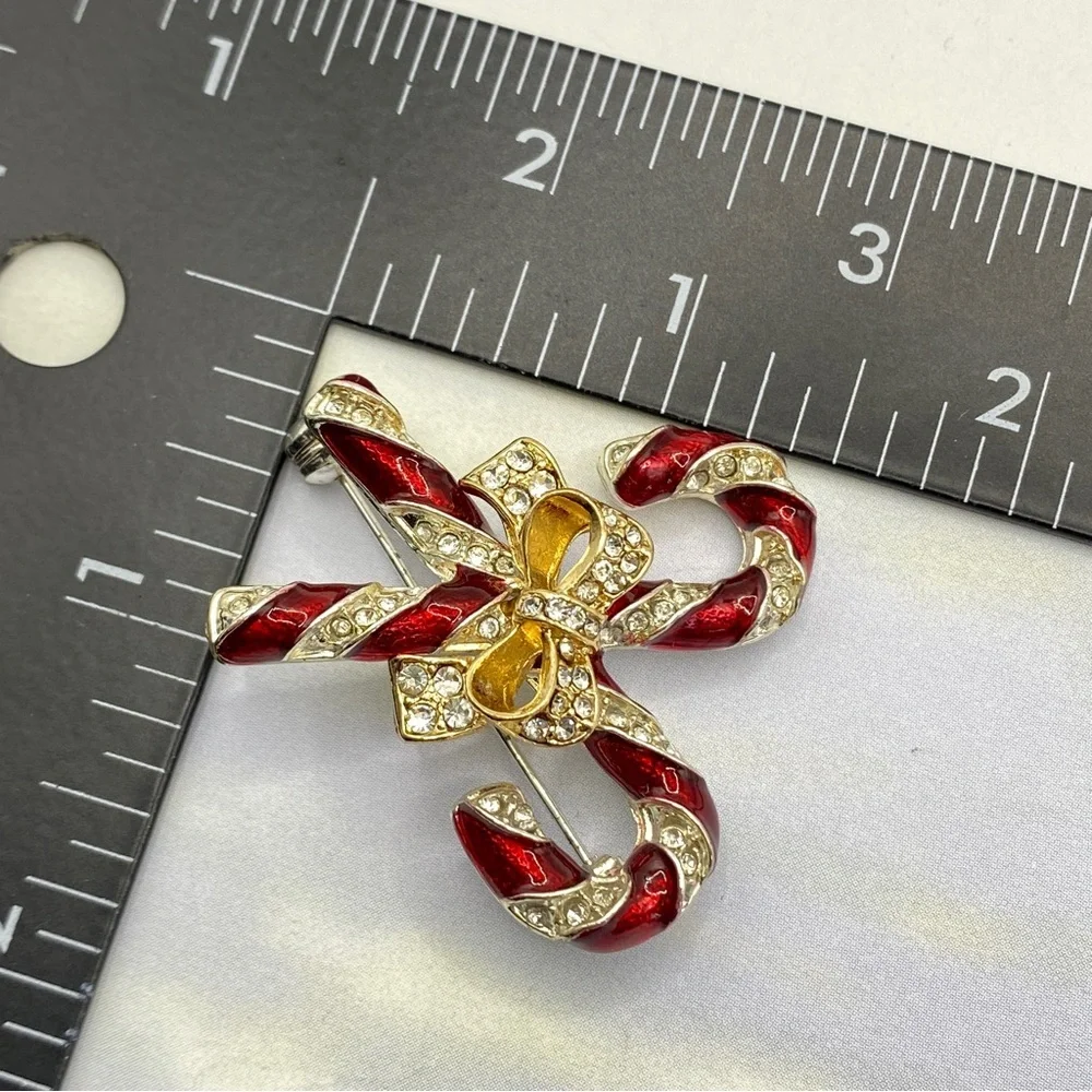 Candy Canes Rhinestone Silver Tone Holiday Christmas Brooch